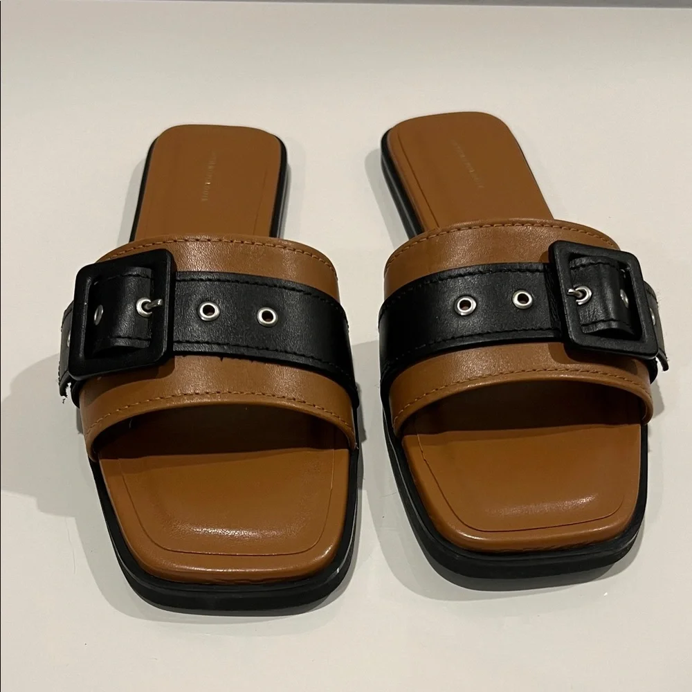 NEW Anthropologie Women’s Leather Tan and Black Buckle Slide Sandals size US 8.5 - Picture 3 of 8